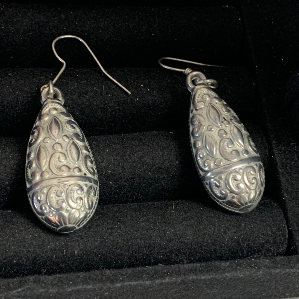 Silver Tone Ornate Embossed Teardrop Dangle Earrings Scrollwork Boho